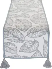 Reversible Grey & White Leaf Woven Cotton Blend Table Runner – 14"x71"