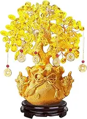 [Nachukan] Yellow Quartz Crystal Money Trees with Golden Toads, Lucky Feng Shui Wealth and Fortune Bonsai Style Decoration Yellow Money Tree(A)