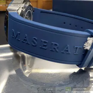 MASERATI瑪莎拉蒂精品錶,編號：R8821108028,42mm六角形寶藍精鋼錶殼銀色雙面機械鏤空錶盤矽膠寶藍錶帶