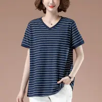 在飛比找ETMall東森購物網優惠-女夏季加肥寬松中年條紋短袖t恤