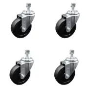 4 Inch SS Soft Rubber Swivel 3/8 Inch Threaded Stem Caster Set Total Lock Brake