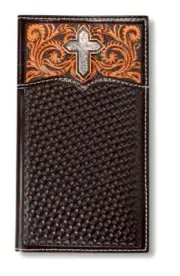Ariat Western Mens Wallet Rodeo Leather Basket Weave Floral Cross Brown A3557244