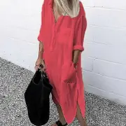 Plussize Womens Casual Blouse Long Shirt Dress Ladies Collared Button Down Dress Cy Red L