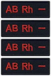 [Patchion] Set of Four - Blood Type AB Rh - - Black VeIcro/Hook and Loop Backing - Embroidered Patch/Badge/Emblem