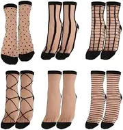 COOLUXU Sheer Socks Women, Lace Trouser Mesh Socks, Transparent Fishnet Ankle High Mid Calf Socks 6 Pairs