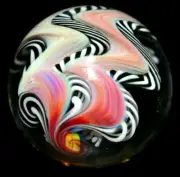 ERIC BROCK GLASS MARBLE/1.716"-FILIGRANA RAINBOW TOTEM POLE-4 FILIGRANA RIBBONS-