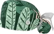 [WOSHJIUK] Working Hat 2 Pack Scrub Caps for Women,Green Tropical Leaves,Tie Back Cap Adjustable Scrub Hat