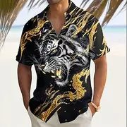 Men's Roaring Animal Tiger Shirt Summer Shirt Button Up Shirt Short Sleeve Dark Outdoor Vacation Dailywear Summer Spring Turndown 3D Print Collared Shirts Fron