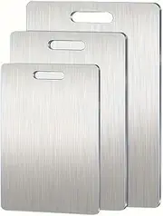 Kitchen Cutting Board Set of 3, Stainless Steel Chopping Board, 304 Stainless Steel Food Grade Butcher Block Board with Easy Grip Handle for Meat, Fruit, Vegetable, Cheese