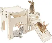 Rypet Large Wooden Rabbit Castle Bunny House, Sturdy Wood Bunny Castle with Stair, Detachable Rabbit Hideaway Breathable Small Animal Indoor Playhouse for Rabbits Hamster Guinea Pig Chinchilla Ferret