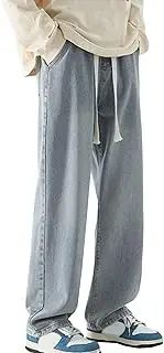 [Aosufei] Men's Retro Loose Fit Solid Jeans Wide Leg Comfort Spring Fall Denim Pants Vintage Casual Solid Jeans Trouser, Blue, Medium