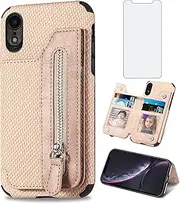 Phone Case for iPhone XR 6.1 Wallet Cover with Tempered Glass Screen Protector and Zipper Credit Card Holder Stand Leather Cell iPhoneXR iPhone10R i Phonex 10XR 10R RX CR iPhoneXRcases Women Men Beige