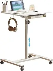 Portable Bedside Table with Drawer, Height Adjustable Laptop Desk, Movable Standing Table for Sofa, Manual Standing Desk with Wheels, Easy to Install(White Color)