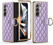 [JOJOBE] Prismatic plaid style phone case for Samsung Galaxy Z Fold 5 5G Case , PU Leather Cover for Samsung Galaxy Z Fold5 leather Case vogue Screen Protector case for Galaxy Z Fold 5 with Tempered Glass Outer Protection Full Protective Purple