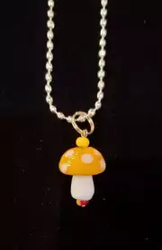 Yellow Orange Lamp Glass Mushroom and Glass Bead Necklace with 18" Ball Chain