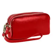 Women Long Wallet Genuine Leather 3-Layer Zipper Purse Bag Phone Bag Money Purses Clutch Wallets with Wrist Strap- Wine Red