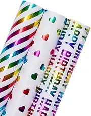 WRAPAHOLIC Heart Wrapping Paper Roll - Mini Roll - 3 Rolls - 17 inch x 120 inch Per roll - Colorful Foil Birthday Wrapping Paper for Valentine's Day, Kids Girls Birthday, Baby Shower