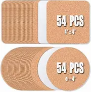 108 Pcs Cork Coasters 4 Inches with Adhesive, Cork Sheets Mats Bulk for Drinks, Plants, DIY Crafts, Office, 54 Pcs Curved-Edge Squares Cork Tiles and 54 Pcs Round Cork Pads (4"x 4", AU)