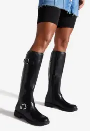 NIB Shoedazzle Georginna BuckleFlat Fall Boot Size 9.5 Black Faux Leather Zipper