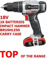 BRUSHLESS CORDLESS 18V TOOLPRO IMPACT HAMMER DRILL DRIVER LI-ION 2X BATTERIES