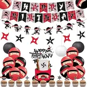 Ninja Birthday Party Decoration Red and Black Warrior Themed Party Supplies for Boys with Ninja Sticker Happy Birthday Banner Cake Topper and Paper Lanterns