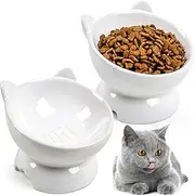 2Pcs Ceramic Elevated Cat Bowls for Food & Water – Wide & Shallow Design Whisker-Friendly Raised Cat Dishes – Anti-Vomit Pet Food Bowl Great Height for Indoor Cats-Microwave & Dishwasher Safe