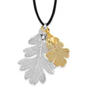 Fashion Silver And 24K Gold Dipped Double Real Oak Leaves 20 Inch Leather Cord Necklace