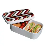Lunch Box Food Container Authentic Wood Strap Cutlery Zigzag Black Brown Red