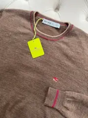ETRO Milano Pullover Wool Knit Logo Crew Neck Brown Sweater Men's M Size