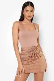 BOOHOO Leopard Mini Skirt Slinky Ruched Acetate in Caramel BNWT Women's UK 14