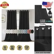 Elegant Light Filtering Linen Curtains - Heather Black Grommet Drapes, 2 Panels