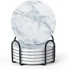 LIFVER Coasters for Drinks White Marble-Style Absorbent Coasters with Holder