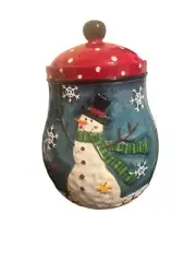 Snowman with snow flakes ceramic cookie jar