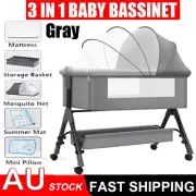 3 IN 1 Baby Cot Bed Crib Portable Bassinet Safety Fence Adjustable Bedside AU