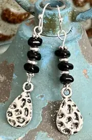 Hammered Silver Teardrop and Black Earrings.