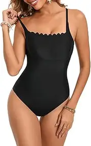[Wellwits] Women's Solid Color Scalloped Neckline Backless One-Piece Swimsuit