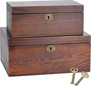 Saijax Wooden Box with Hinged Lid - 2 Pack - Vintage Decorative & Lockable Chest - for Keepsakes, Valuables, Accessories, Treasured Items - Walnut-Like Wood Finish, Aged Brass Hinges & Antique Lock