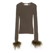 [Blumarine] Blumarine Feather-trimmed Long-sleeved T-shirt M GREEN