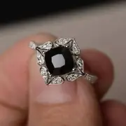 2Ct Cushion Cut Lab Created Black Spinel Engagement Ring 14K White Gold Plated