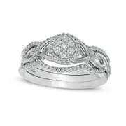 0.33 CT. T.W. Composite Natural Diamond Frame Twist Three Piece Bridal Engagement Ring Set in Sterling Silver