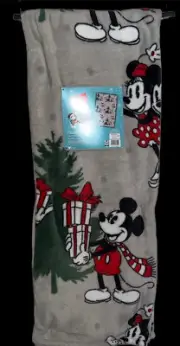 New Disney Christmas Mickey & Minnie Mouse Gray Plush Blanket Throw 50 X 70