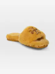 Yellow Shearling Jewelled Sliders