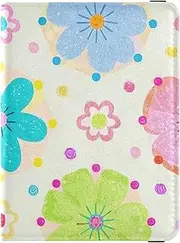 [Amooorous] Cute Colorful Flowers with Polka Dots Leather decorative Passport Holder Cover Wallet Travel Documents Organizer Protector Badge ID Vaccine Card Holder Wallet Waterproof, Cute colorful flowers with
