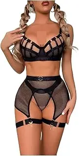 [FBIEE88TR] 3-Piece Mesh Bra Set Women Transparent Ring Sexy Underwear Set Underwire Ladies Lingerie Set with Garter Belt