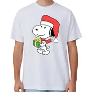 100% Cotton Christmas Unisex T-shirt Adult Tee Mens Top Santa Xmas Party Custume - Santa Snoopy (White)