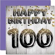 100th Birthday Card for Men - Black & Gold Glitter Balloons - Happy Birthday Cards for 100 Year Old Man Dad Great Grandad Grandpa Gran, 145mm x 145mm One Hundred One-Hundredth Greeting Cards Gift