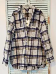 BARDOT CHECKED FLANNEL SHACKET Womens Size L Gray/Black Plaid Wool Blend BNWT