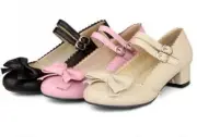 Sweet Bowknot Womens Lolita Retro chunky heels Pumps Ankle Strap Shoes Plus Size