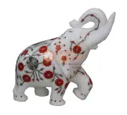 8" White Marble Elephant Sculpture Carnelian Inlay Design Decor Home Gift H5717