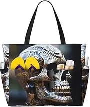 [Ghjkfbf] Interesting Skeleton Print Large Capacity Beach Travel Bag For Family, Beach Tote Bag For Women With Zipper Pockets, Black, One Size